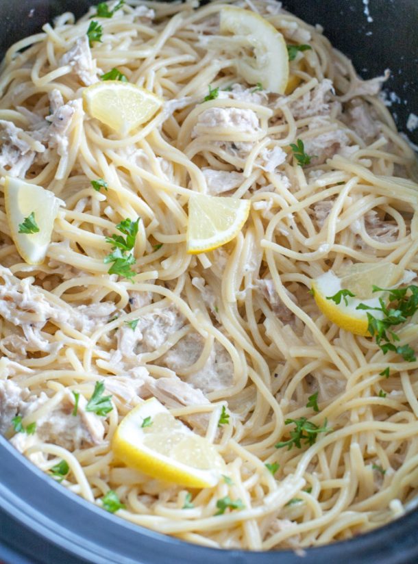 Slow Cooker Creamy Lemon Chicken Spaghetti - Food Lovin Family