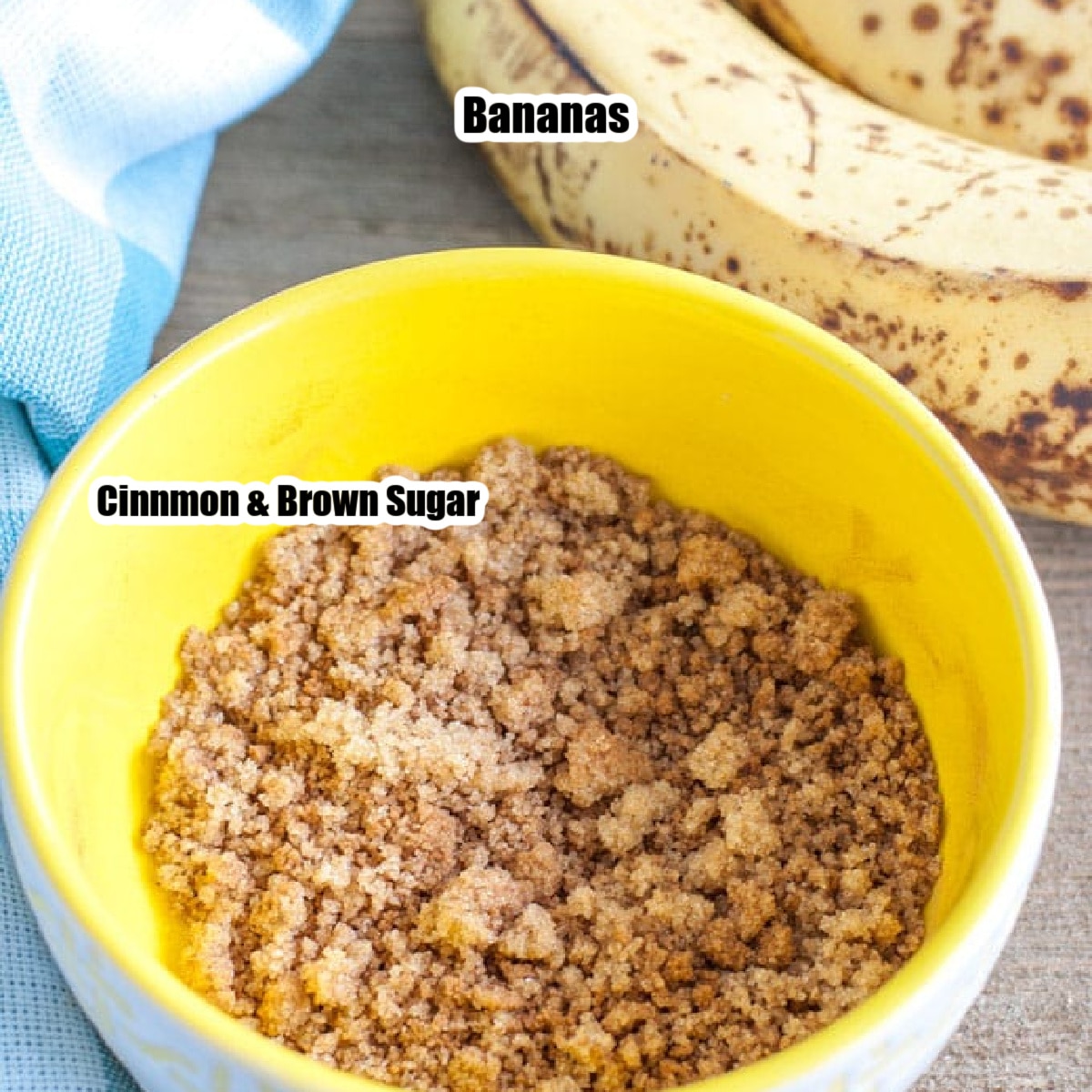 Bowl of brown sugar and cinnamon with bananas.