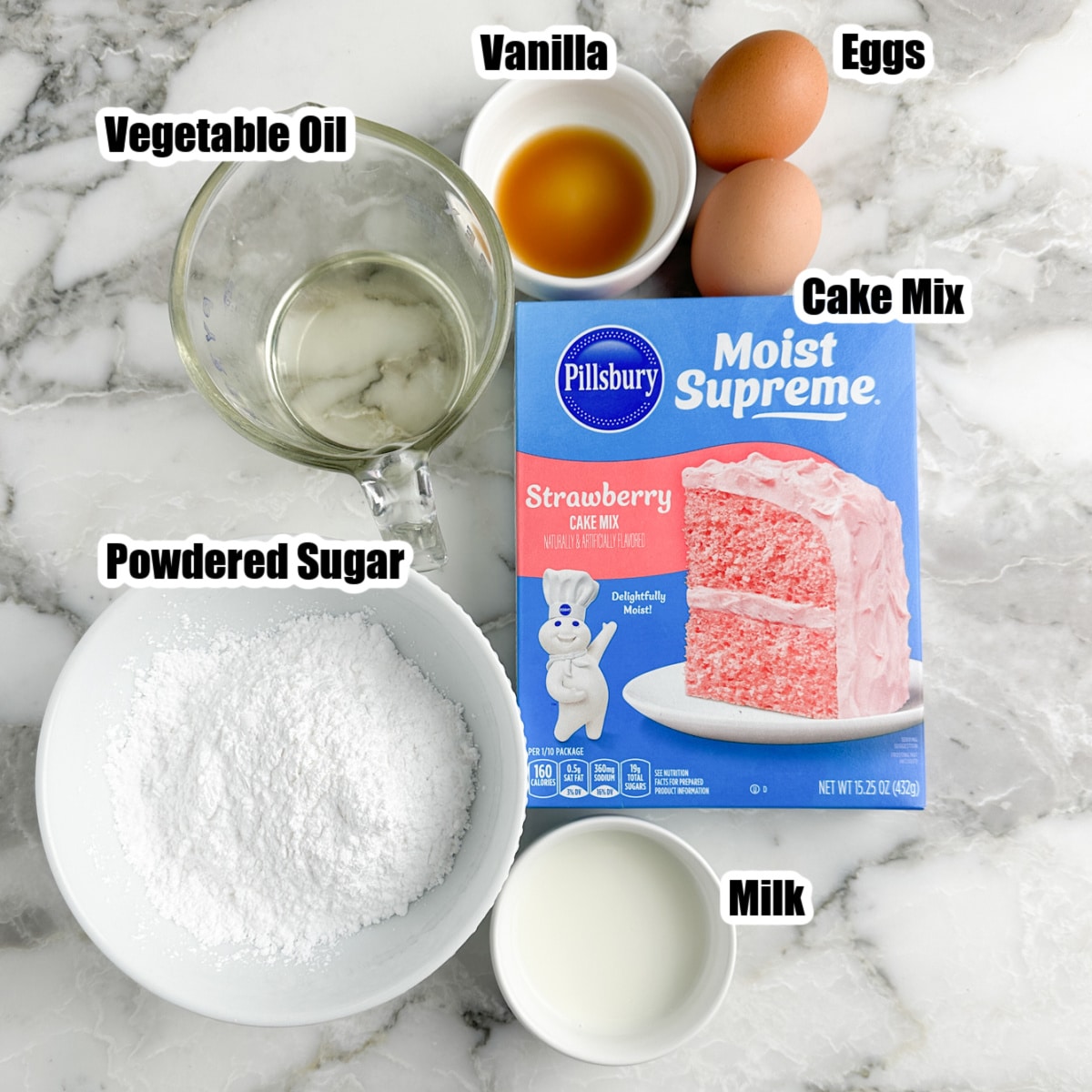 Box of strawberry cake mix, eggs, oil, powdered sugar, milk, and vanilla.