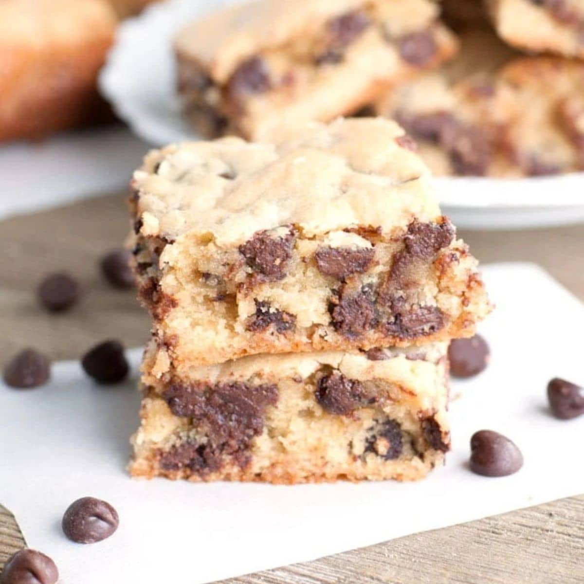 Stack of chocolate chip cookie bars. 