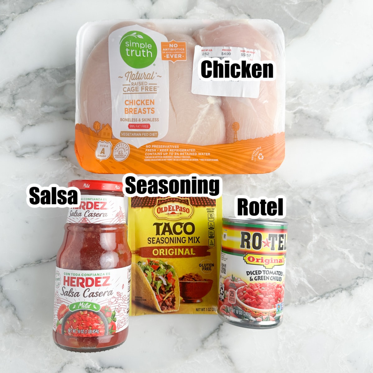 Pack of chicken, jar of salsa, Rotel, and taco seasoning. 