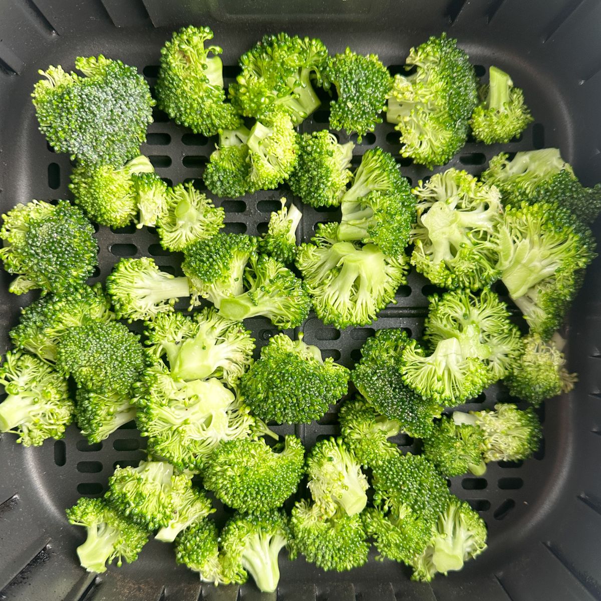 Broccoli florets in an air fryer basket. 