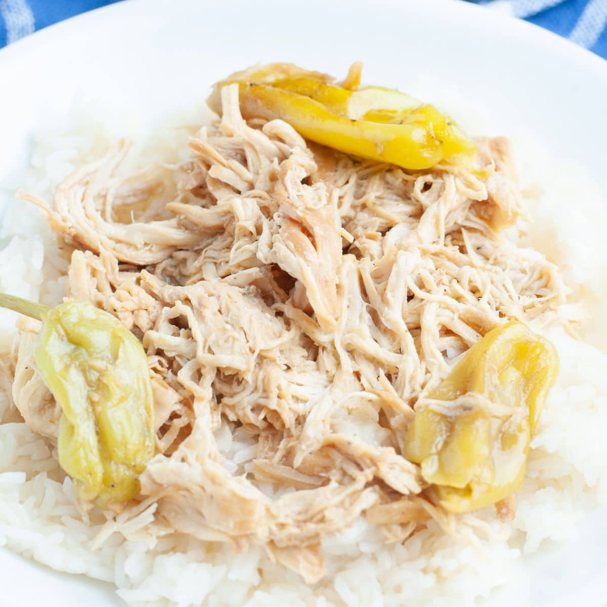 Bowl with shredded chicken and rice. 