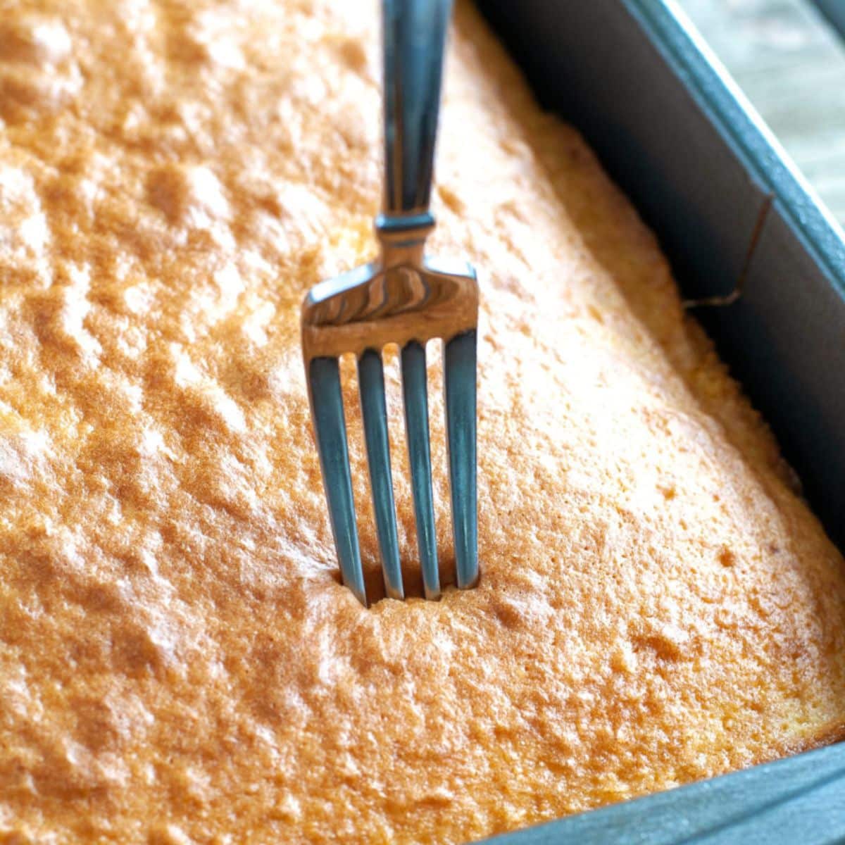 Baked yellow cake with a fork in the cake. 