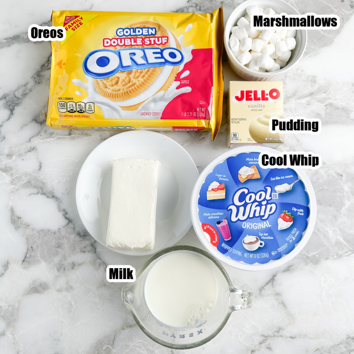 Pack of Oreo cookies, Cool Whip, cream cheese, mini marshmallows, and milk. 