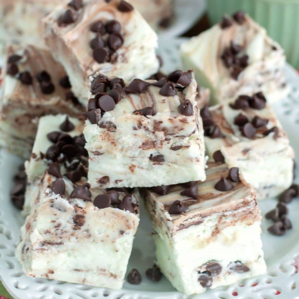 Plate of mint chocolate chip fudge. 