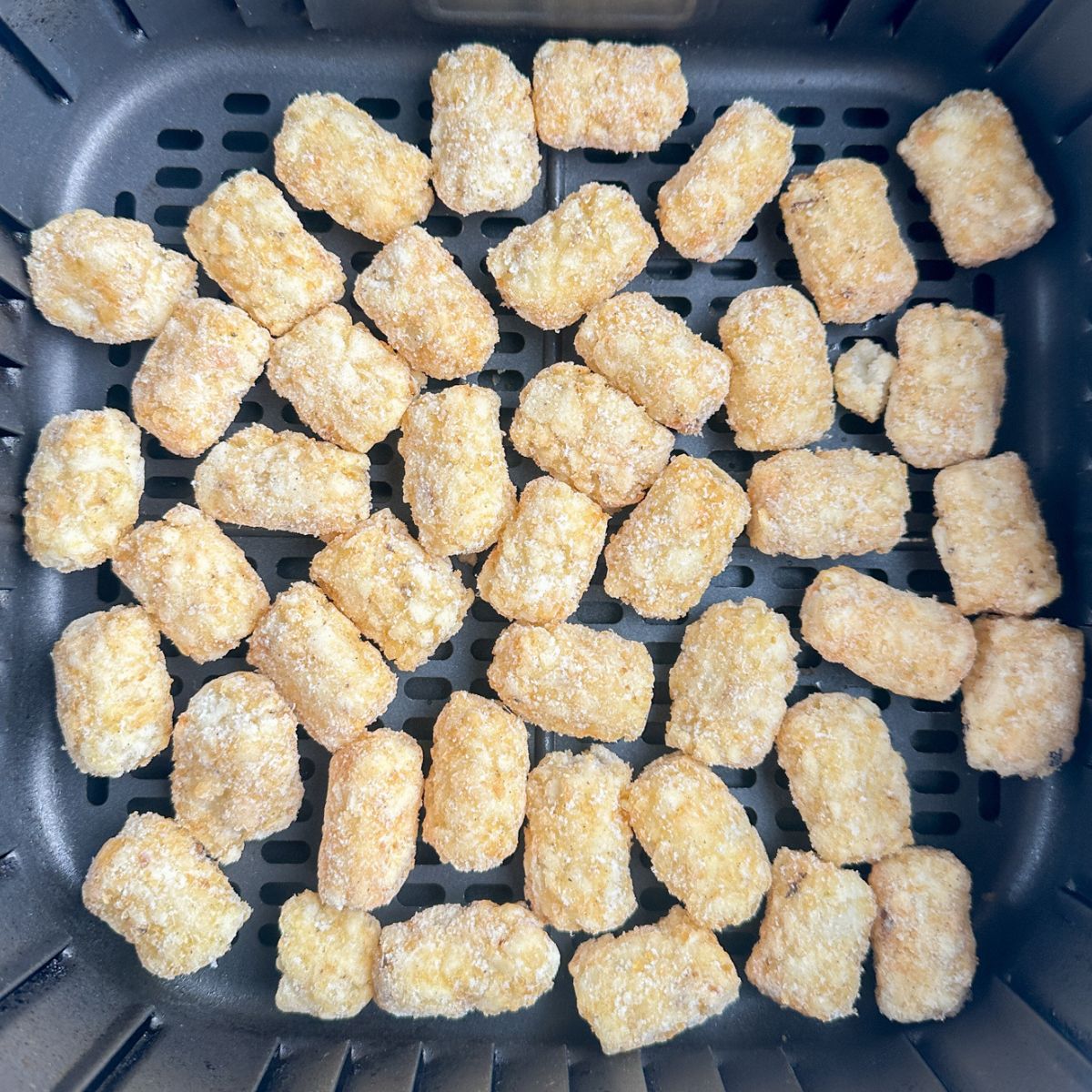 Air fryer basket with frozen tater tots. 