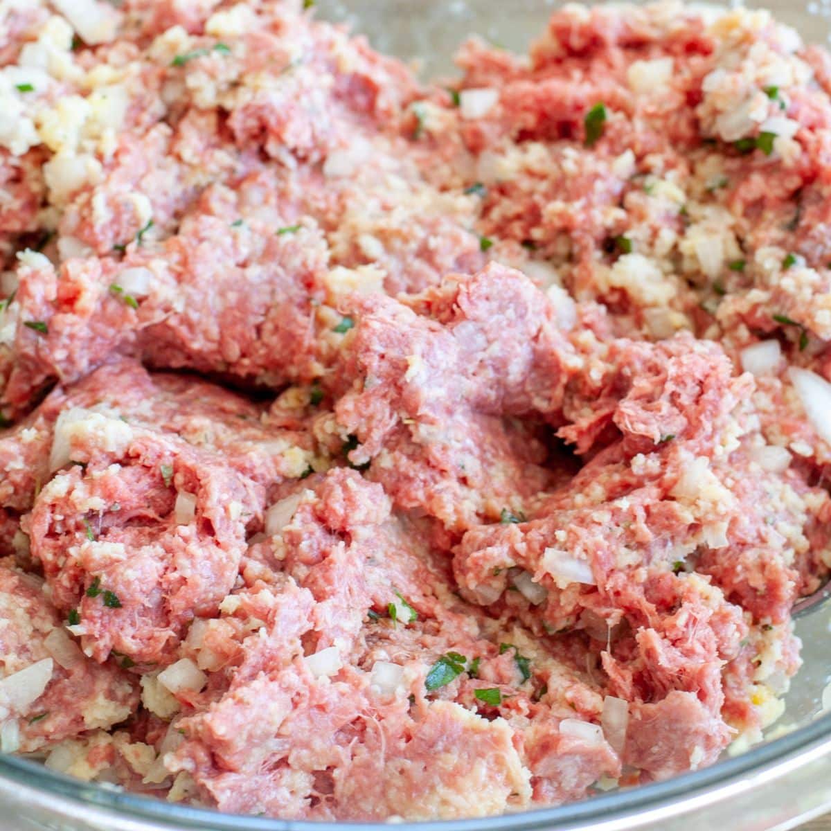 Bowl of meatloaf meat mixture. 