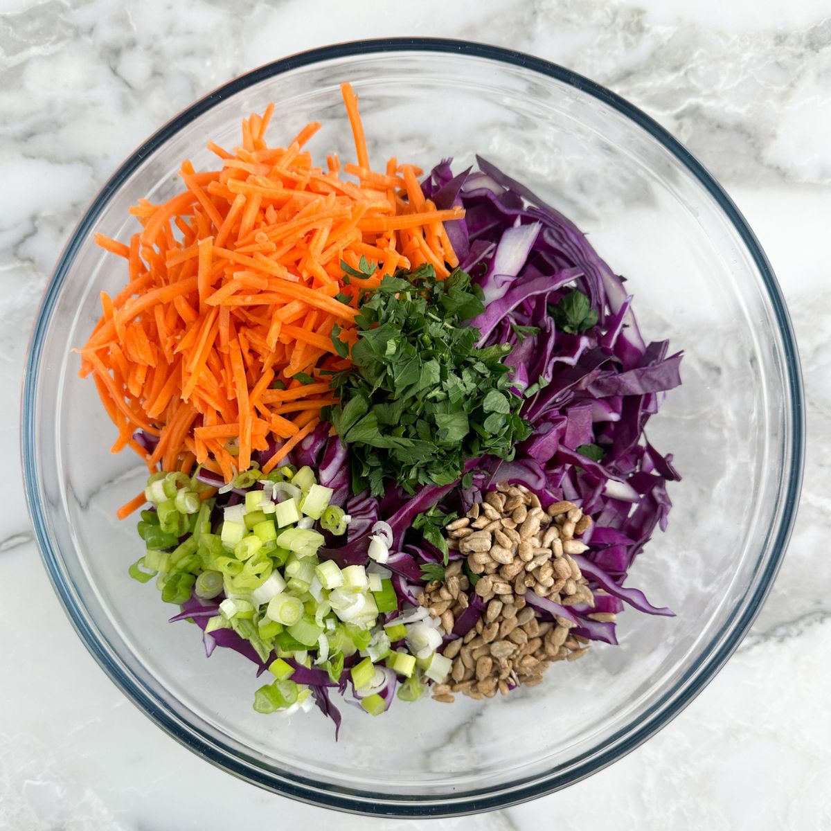 One bowl with shredded cabbage, carrots, green onions, parsley, and sunflower seeds. 