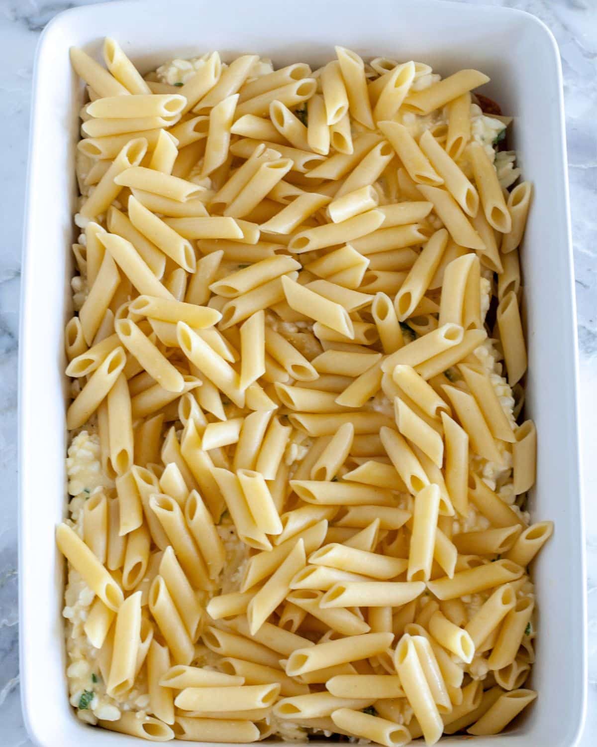 Mostaccioli pasta in a baking dish.