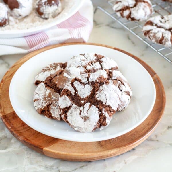 Plate of chocolate crinkle cookies.