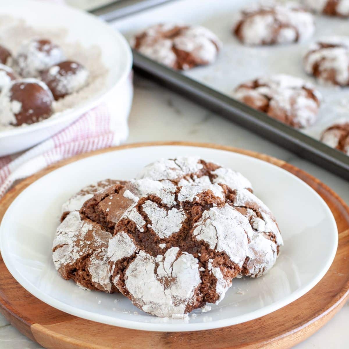 Plate of chocolate cinnamon crinkle cookies.