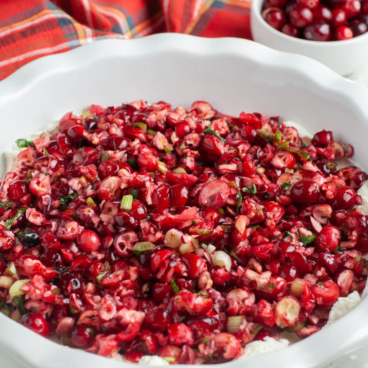 Pie dish with cranberry cream cheese dip. 