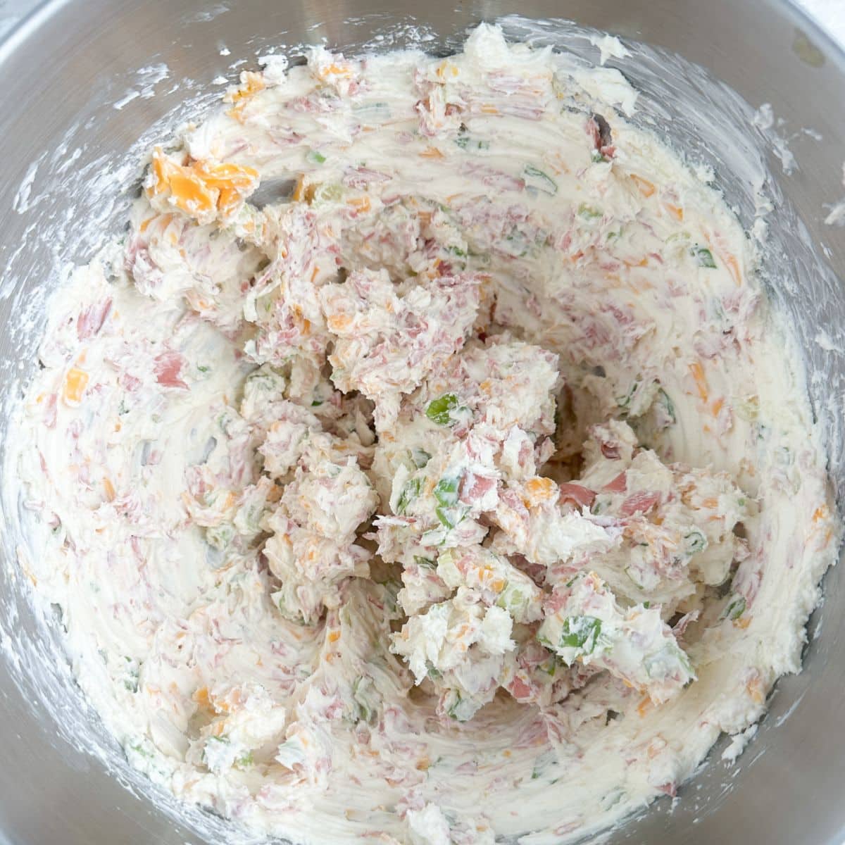 Mixing bowl with cream cheese dip.