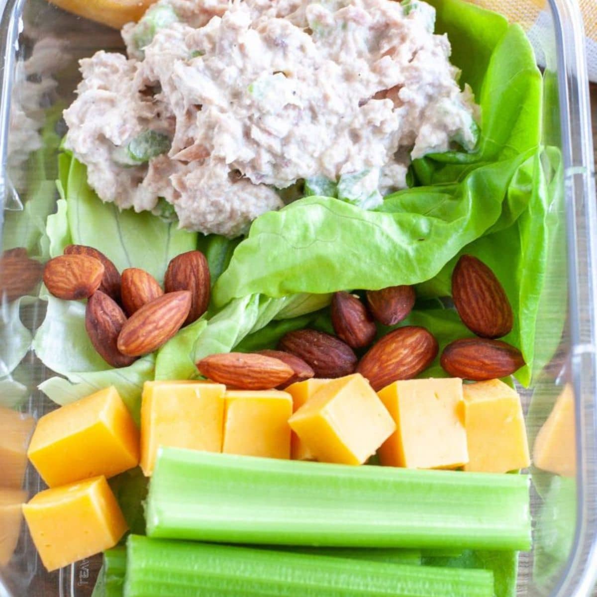 Tuna salad with cheese, celery, and nuts.