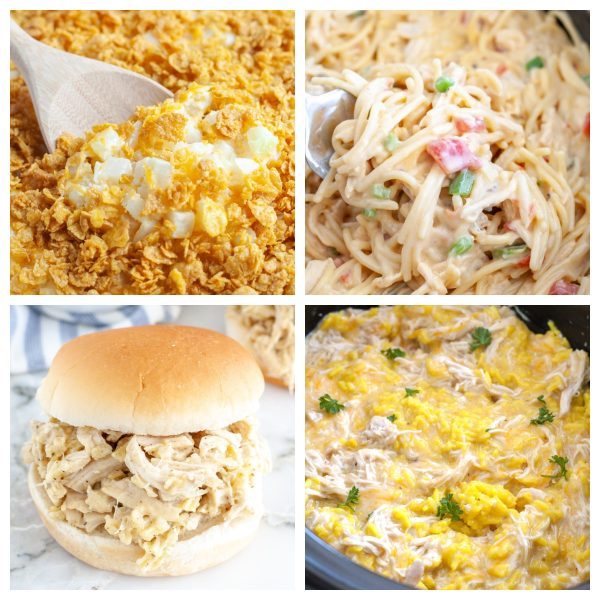 Creamy potatoes, creamy spaghetti, and chicken sandwich.