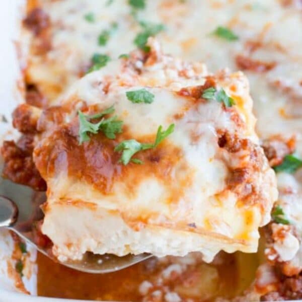 A piece of baked ravioli lasagna.