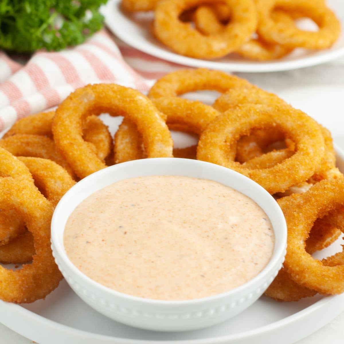 Bowl of Bloomin Onion sauce with onion rings. 