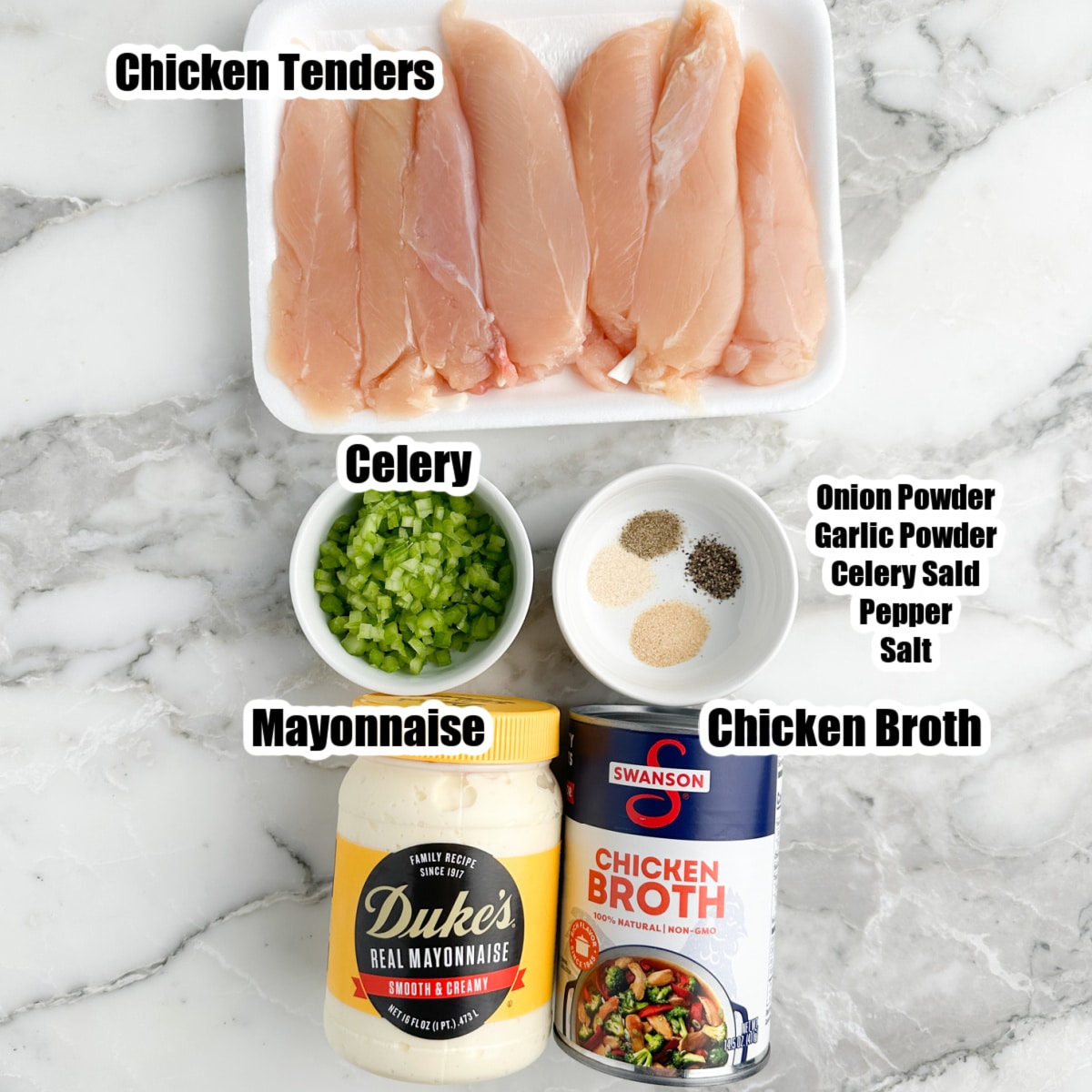 Chicken tenders, diced celery, bowl of seasonings, mayonnaise, and chicken broth.