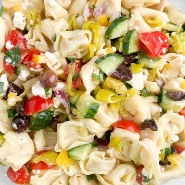 Tortellini pasta salad with cucumbers and tomatoes.