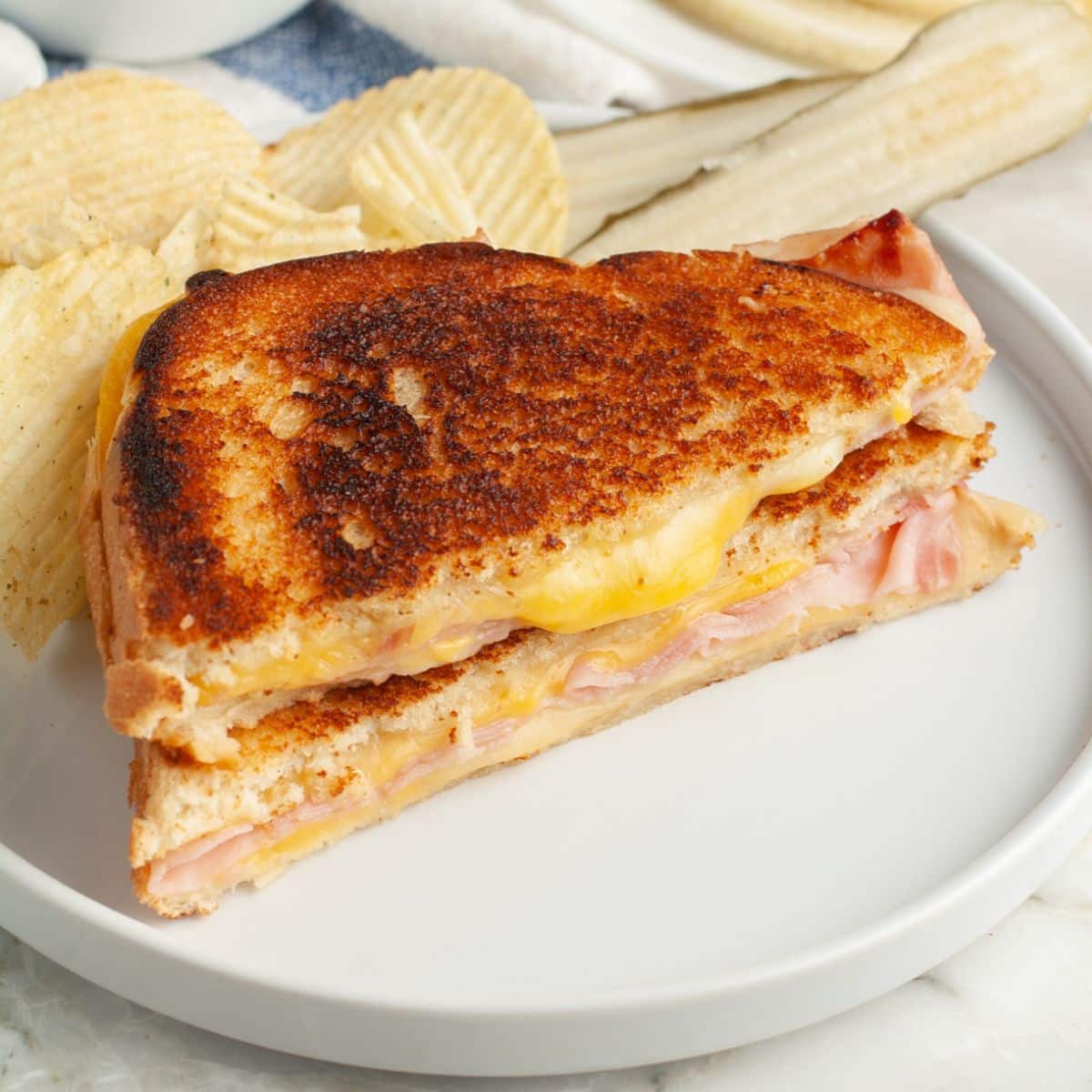 Plate with grilled ham and cheese sandwich. 