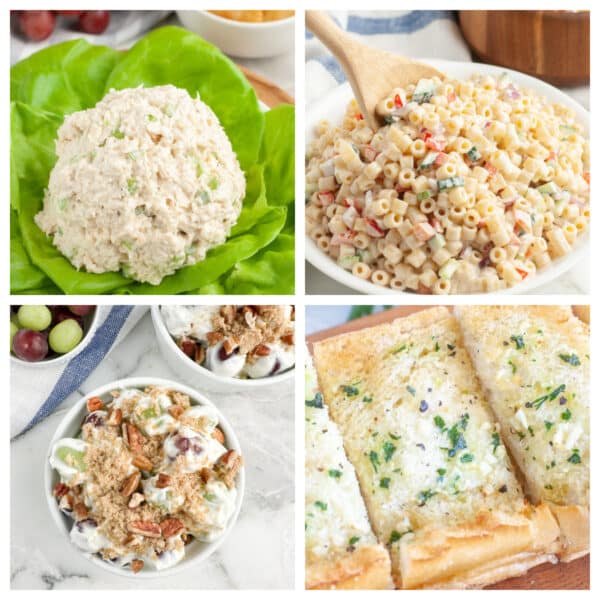 Chicken salad, pasta salad, grape salad, and garlic bread.