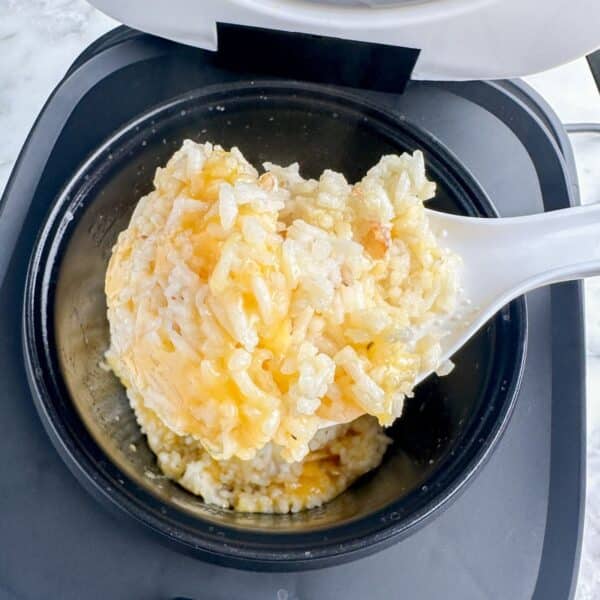 Spoon with cheesy rice.