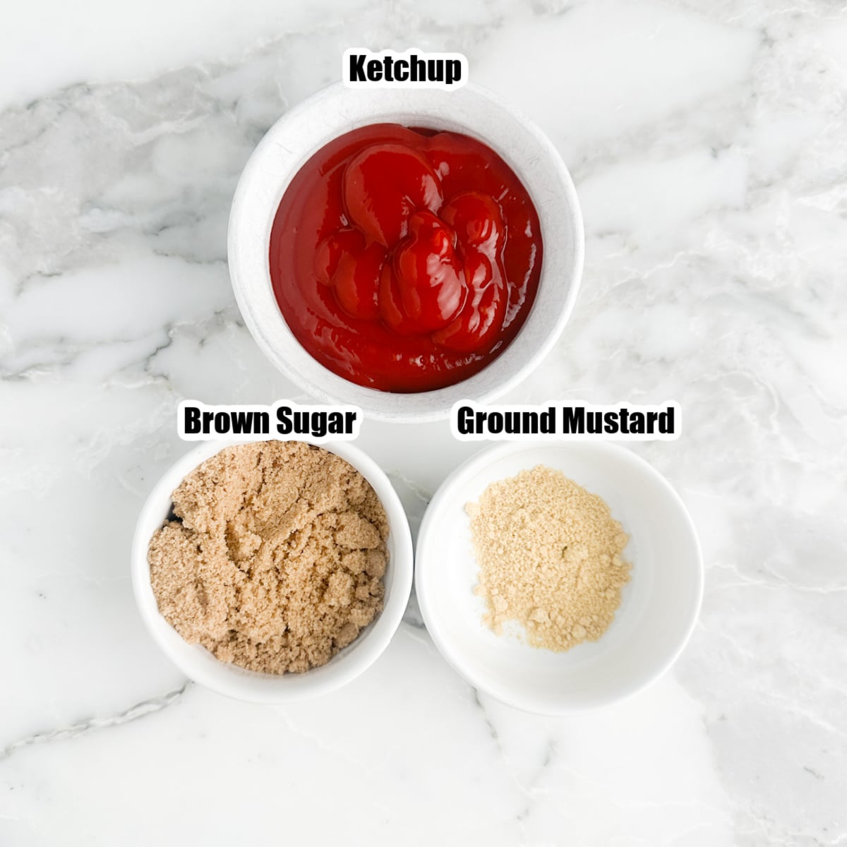 Bowl of ketchup, brown sugar, ground mustard. 