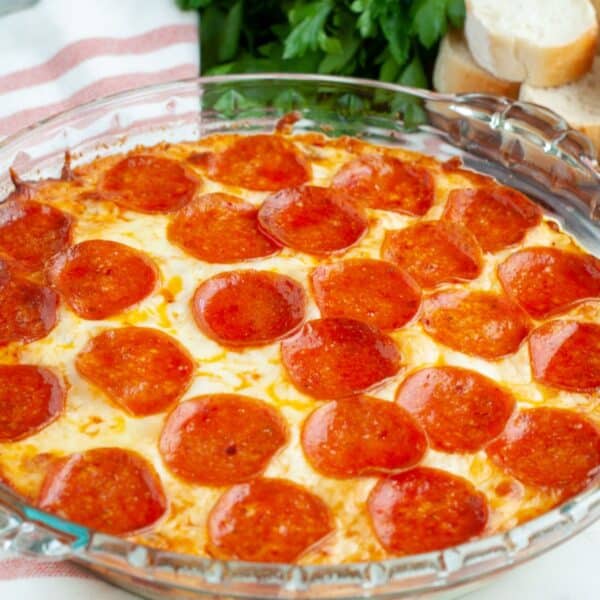 Pizza dip in a baking dish.