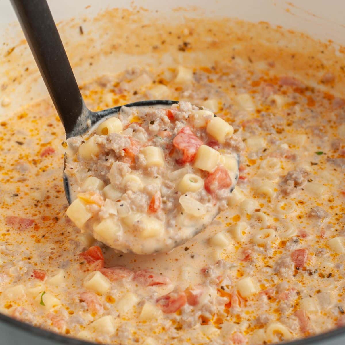 Ladle with sausage and pasta soup. 