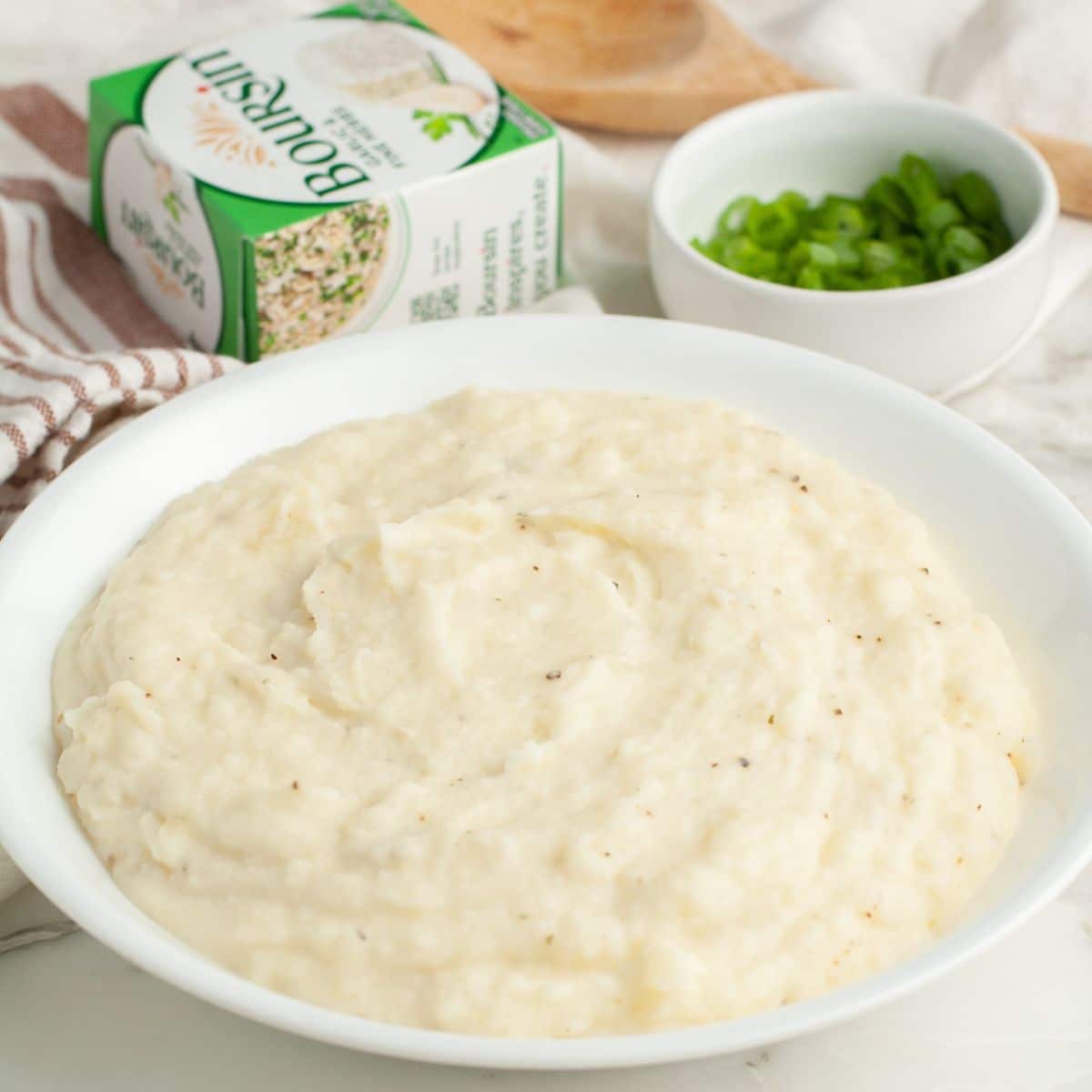 Bowl of mashed potatoes. 