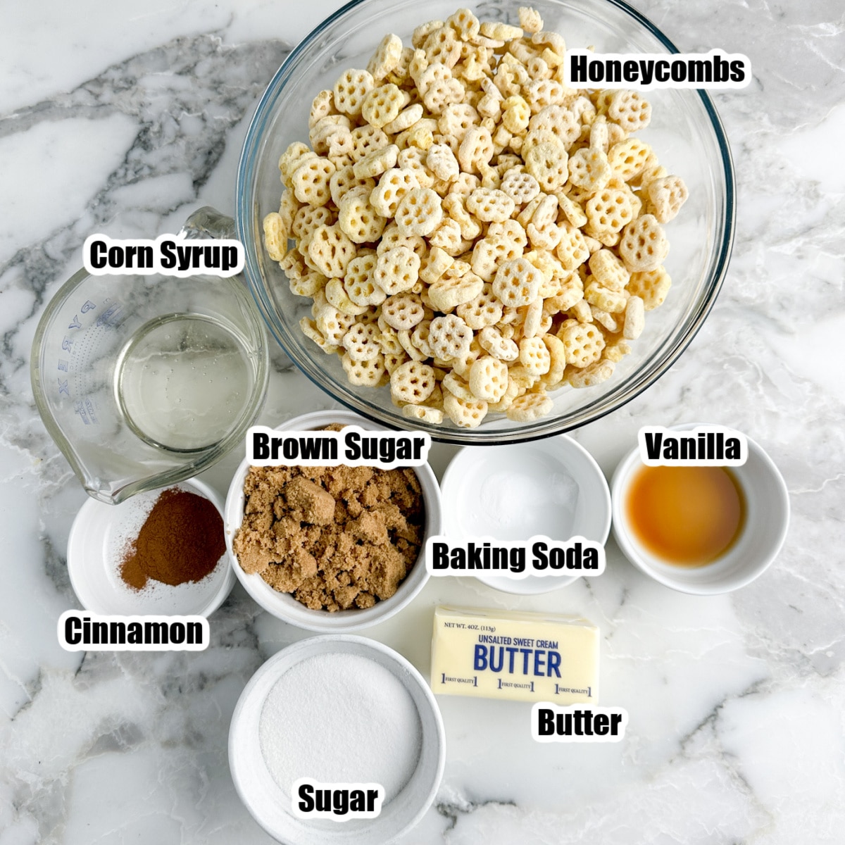 Bowl of cereal, brown sugar, sugar, butter, baking soda, and corn syrup.