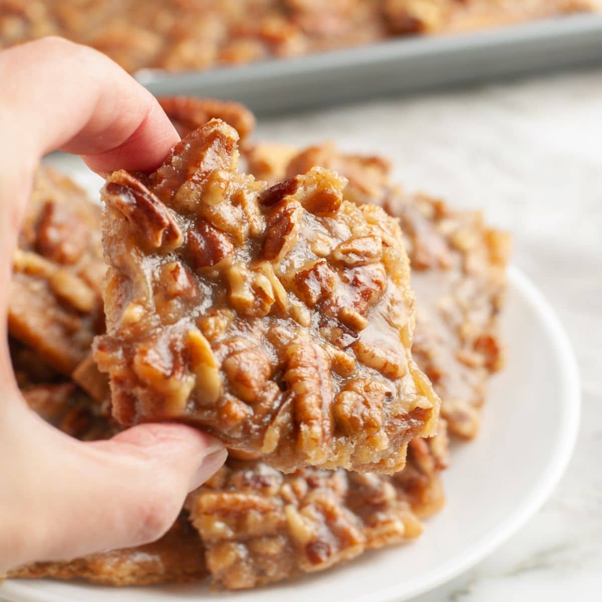 Hand holding pecan pie bark.