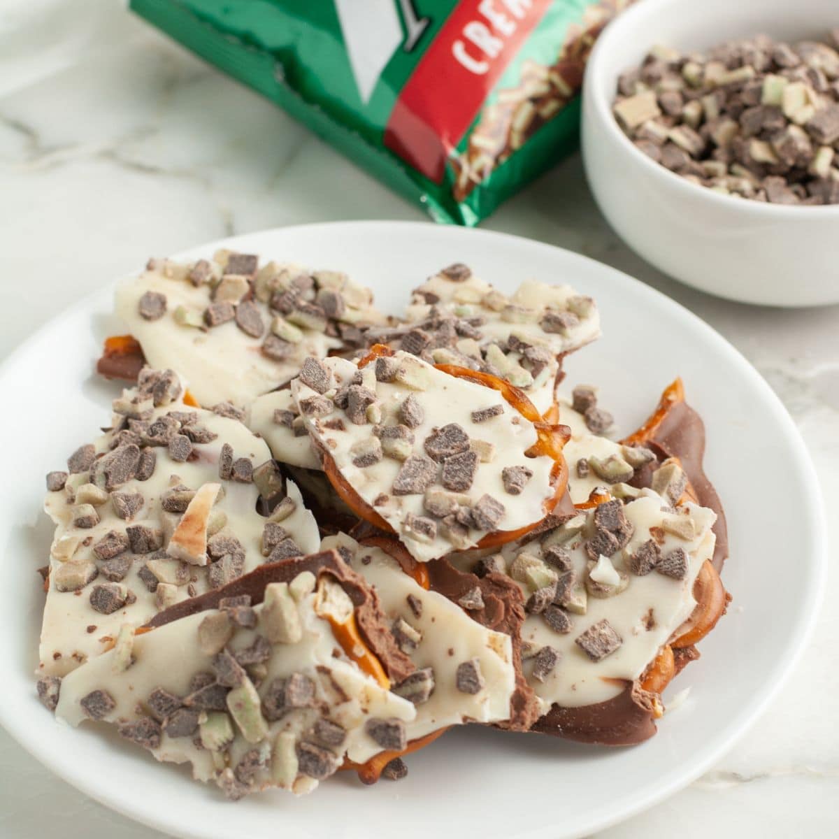 Plate with Andes pretzel bark. 