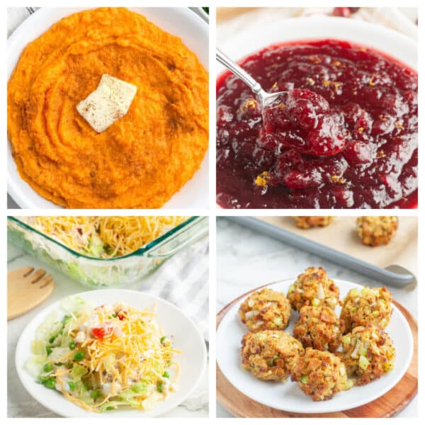 Mashed sweet potatoes, cranberry sauce, salad, and stuffing balls.