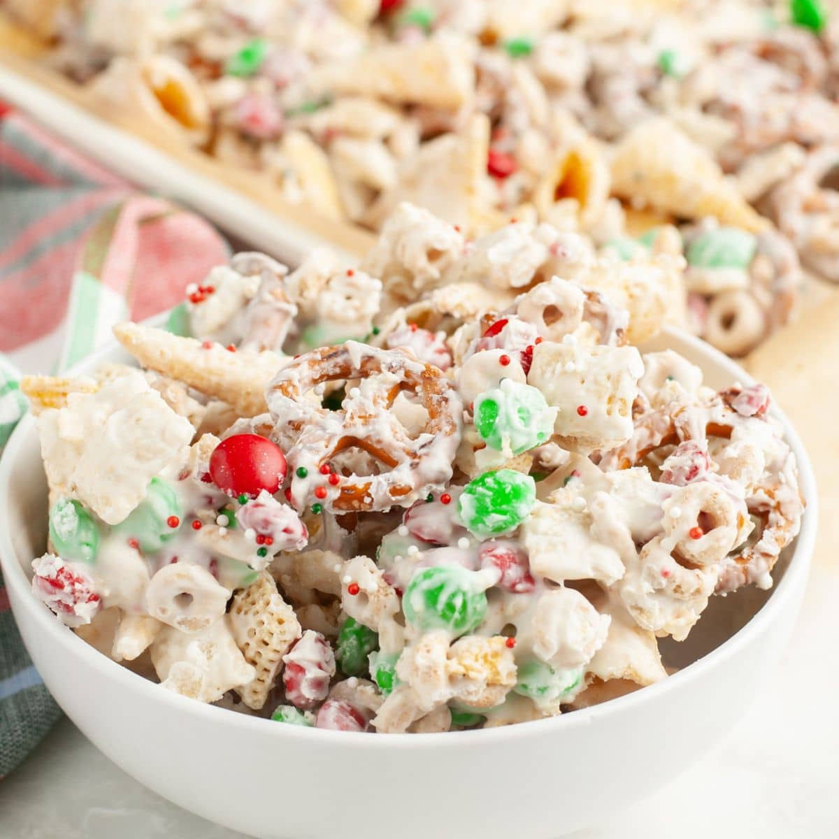 Christmas snack mix in a bowl. 