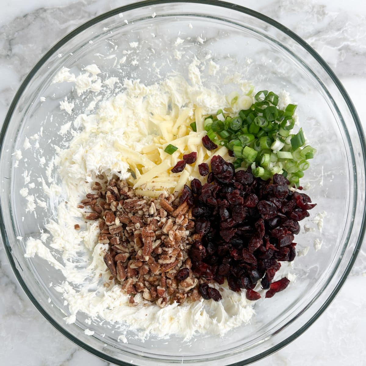 Bowl of cream cheese, chopped pecans, green onions, dried cranberries, and cheese.