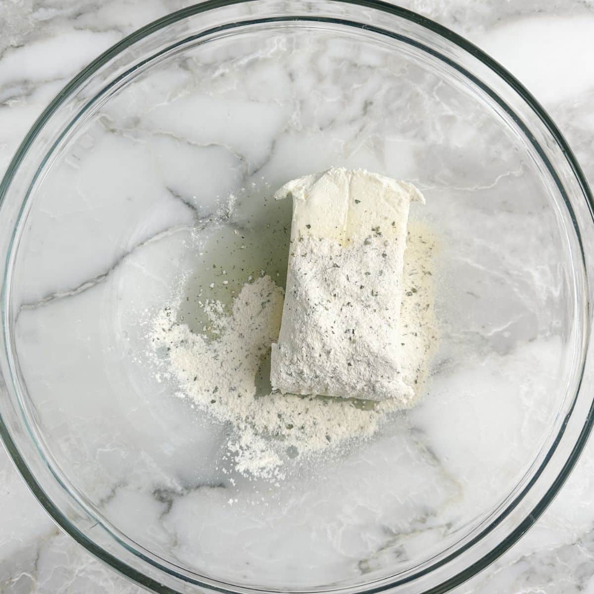 Bowl with cream cheese and ranch seasoning. 