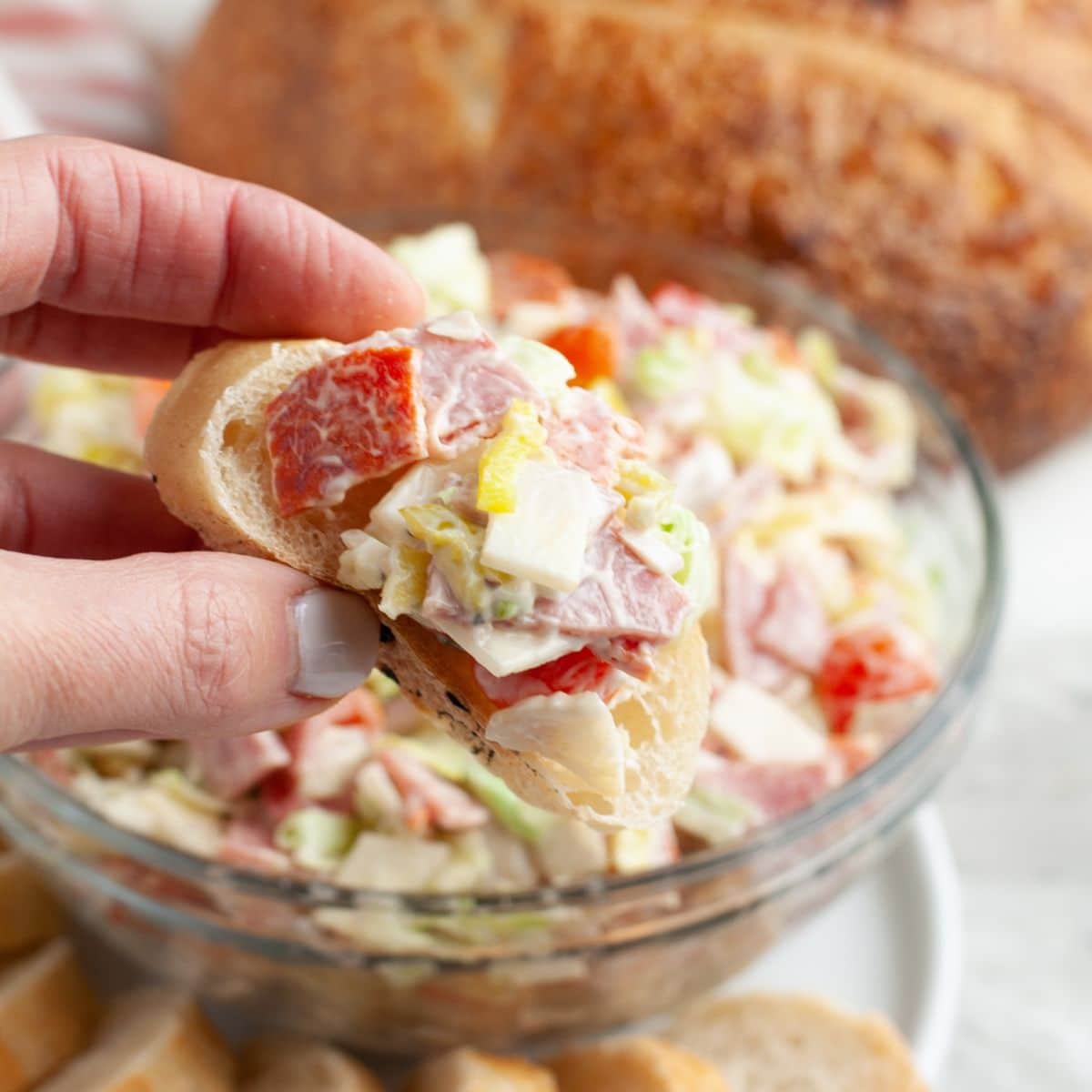 Hand holding bread with hoagie dip.