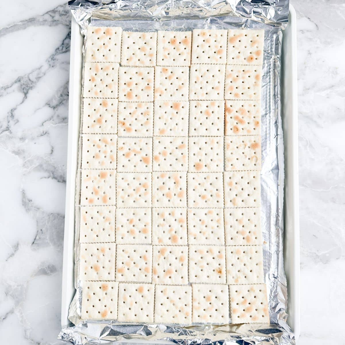 Baking pan with Saltine crackers.