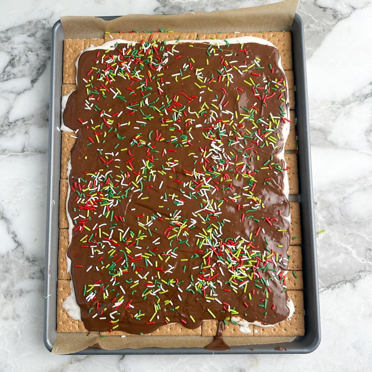 Smores bark topped with sprinkles. 