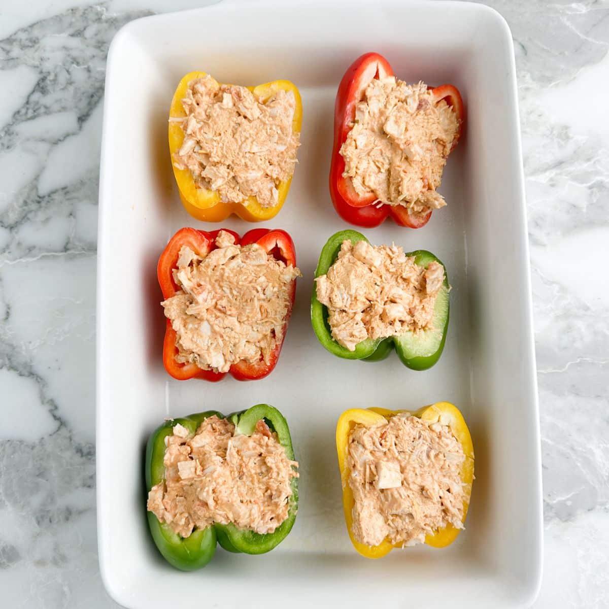 Bell peppers stuffed with a chicken mixture. 