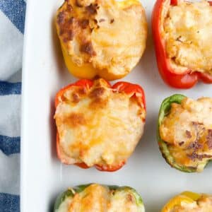 Casserole dish with stuffed peppers.