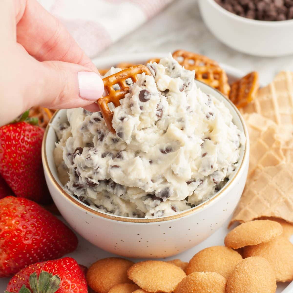 Bowl of chocolate chip dip with a pretzel.