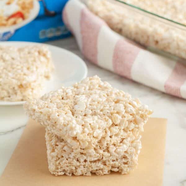 Rice Krispie treats on a table.