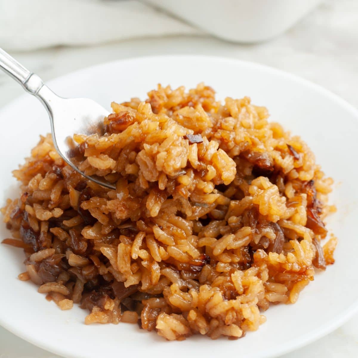 Plate of onion rice with a fork.