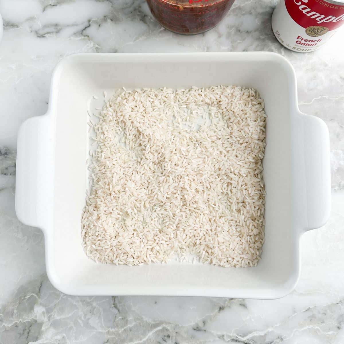 Baking dish with rice. 