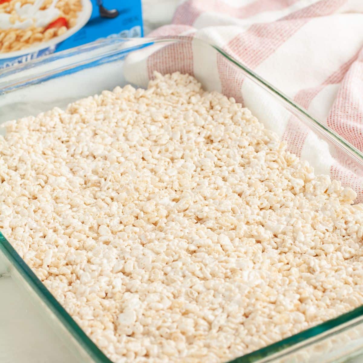 Baking dish with rice krispies treats. 