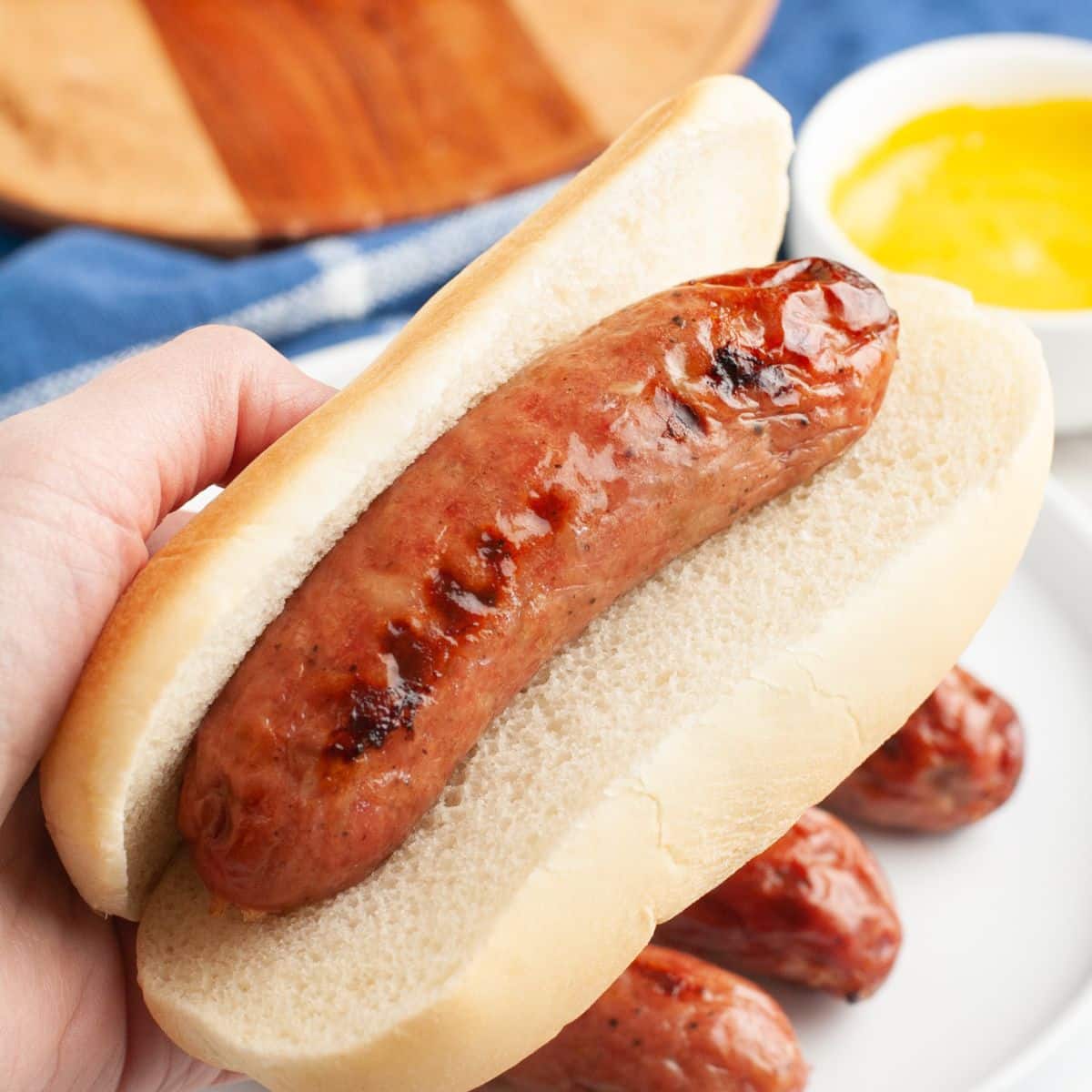 Chicken sausage in a bun. 