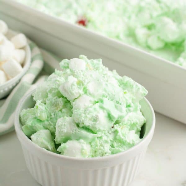 Bowl of sea foam salad with marshmallows.